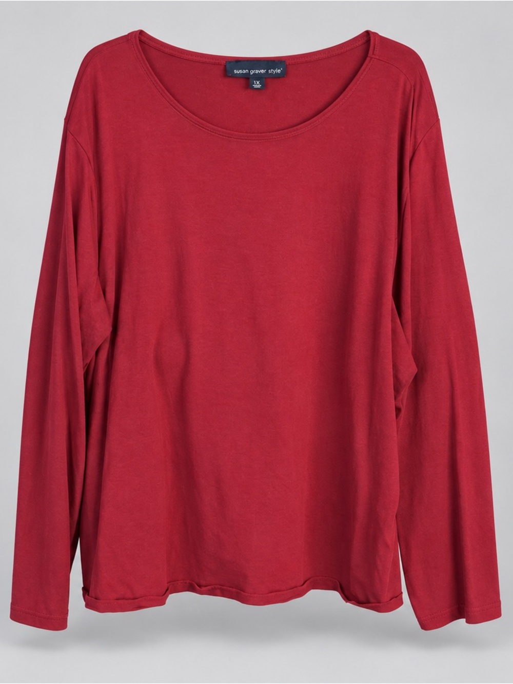 Susan Graver Relaxed Scoop-Neck Long Sleeve Top in Deep Red